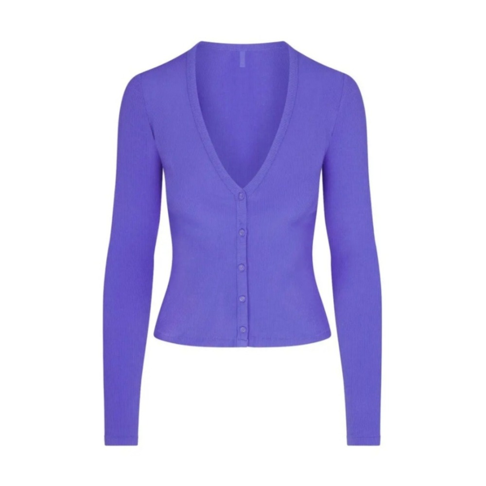 NWT SKIMS Soft Lounge Cardigan Button Front Ribbed Modal Lounge TANZANITE - L